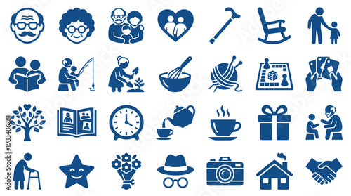 Collection of Icons Representing Senior Lifestyle Activities and Family Connections