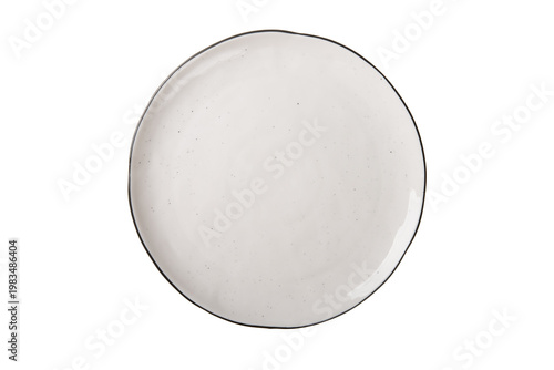 Foto Empty white ceramic plate with speckled texture, handmade stoneware dinner plate top view isolated on transparent background