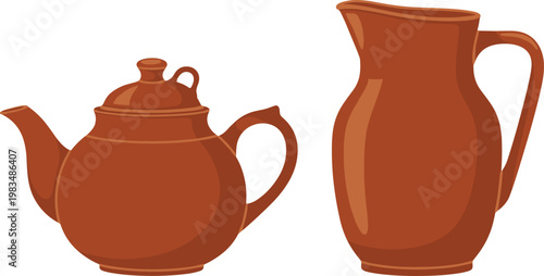 Ceramic Teapot and Pitcher Illustration with Traditional Clay Kitchenware for Beverage Serving, Home Decor, and Rustic Culinary Design Concepts
