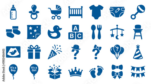 Collection of blue baby shower icons and symbols for newborn celebration and nursery design elements