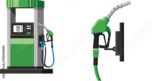 Petrol Pump Station and Fuel Nozzle Illustration with Green Gas Dispenser for Vehicle Refueling, Energy Distribution, and Transportation Industry Concepts