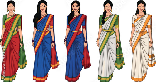 Indian women in traditional saree collection isolated on white background, elegant female characters wearing colorful ethnic clothing vector illustration