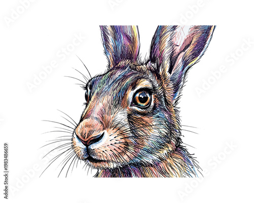 Frontal hare head with symmetrical features and alert gaze highlighted by fine fur texture and structured hatching detail,