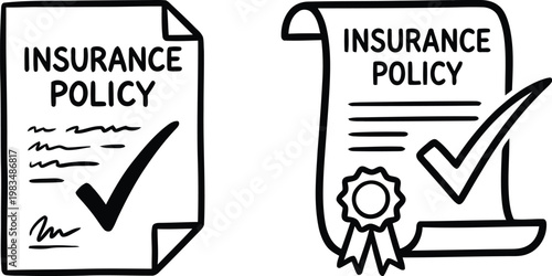 Hand drawn doodle style approved insurance policy document with a checkmark and legal seal vector illustration representing business contract protection, safety coverage, and security guarantee.