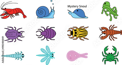 Colorful Marine Creature and Insect Vector Set Featuring Snails, Crabs, and Mystery Creatures for Wildlife and Ocean Life Illustrations