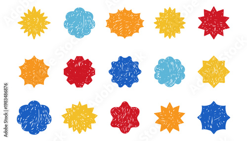 Starburst labels, price tags crayon scribble texture, discount badge set. Sale circle sticker. Wavy, scallop edge promo blank. 