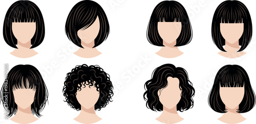 Women short hairstyles collection set isolated on white background, bob haircut variations with straight and curly hair vector illustration