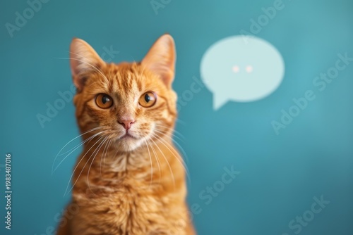 Studio portrait of ginger cat with speech bubble, expressing thoughts and ideas on vibrant turquoise background