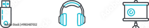 Headphones, a flash drive, and a presentation screen are displayed as minimalist blue and grey line icons on a white background.