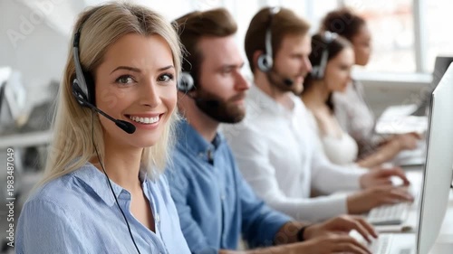 Customer Service Excellence: A team of dedicated customer service representatives, each donned with headsets, is shown working diligently on computers, embodying dedication.