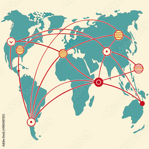 Global network map illustrating worldwide connections and communication links between major international cities with connection communication international logistics distribution business