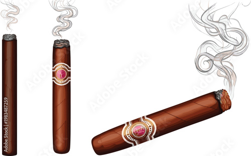 Cigar Smoking Illustration Set with Burning Cigars and Smoke Effects for Tobacco Products, Luxury Lifestyle Concepts, and Health Awareness Design