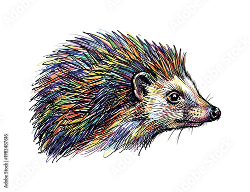 Hedgehog head profile facing right with pointed muzzle and layered spines emphasized through directional pen strokes and contour