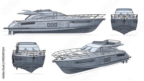 Motor Yacht Hull Engineering Blueprint – CAD Side, Front and Elevation Views Technical Line Drawing on White Background