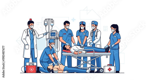 Medical Team Performing CPR on Patient in Emergency Room with Equipment