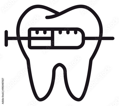 Dental Anesthesia Vector Icon Illustration: A Black Line Art Symbol of a Tooth and Syringe Representing Numbing, Pain Relief, and Professional Dentistry Procedures in a Minimalist Style.