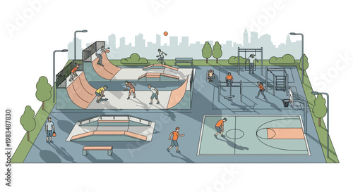 Urban Skatepark and Basketball Court with People Enjoying Activities