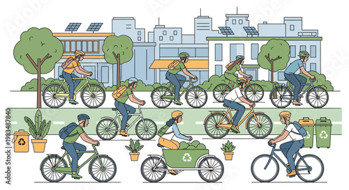 Diverse cyclists on city street, eco-friendly urban transportation, sustainable lifestyle, green energy buildings