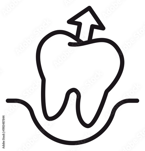 Tooth extraction vector icon illustration. Minimalist black line symbol of a molar being pulled from the gum with an upward arrow, representing dental surgery, oral health, and dentistry.