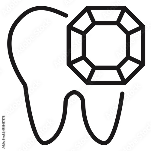Tooth with gemstone vector icon. Minimalist black line art illustration of a dental tooth with a diamond or jewel, representing cosmetic dentistry, tooth jewelry, and luxury dental care.