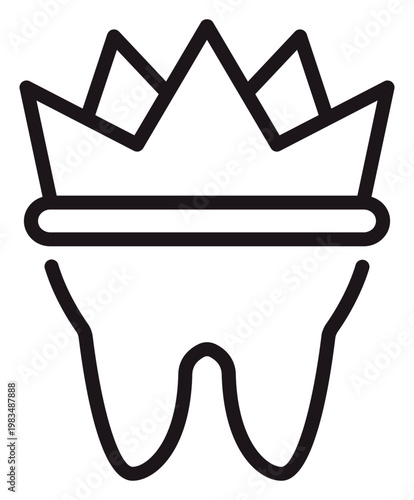 Dental crown vector icon. Minimalist black line art illustration of a human tooth wearing a royal crown, representing dental restoration, prosthetic dentistry, oral health, and premium care.