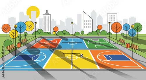 Vibrant Urban Sports Complex with Basketball, Soccer Courts, and City Skyline