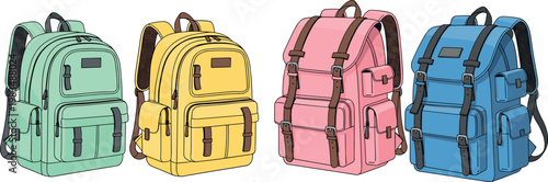 Modern backpacks collection set isolated on white background, detailed school and travel bags with pockets and straps vector illustration