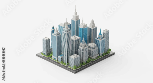 Modern Cityscape Miniature Model with Tall Skyscrapers and Blue Accents on White Background