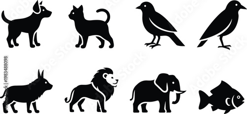 Canvas Print Animal silhouette icons, dog cat bird goat lion elephant fish, black vector desi