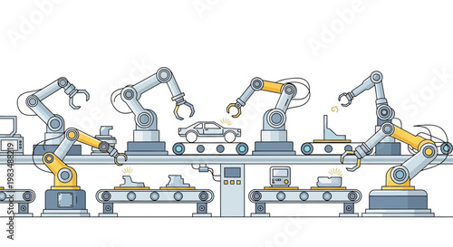 Automotive Assembly Line with Robotic Arms and Conveyor Belt