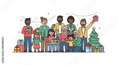 Happy Diverse Family Celebrating Christmas Together with Gifts and Tree