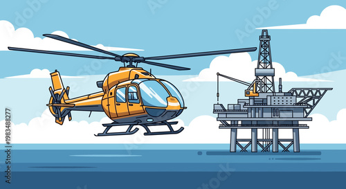 Helicopter flies over ocean towards offshore oil rig platform, industrial transport concept.