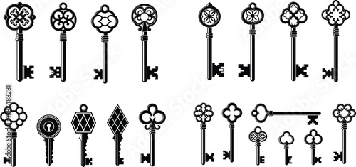 Decorative key collection, ornate skeleton keys, antique modern designs, floral geometric clover motifs, black vector illustration, vintage security icons