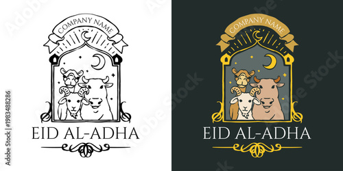 Creative Qurban festival emblem with livestock illustrations and elegant typography. Ideal for community events, halal butcher shop branding, and social media celebration announcements.