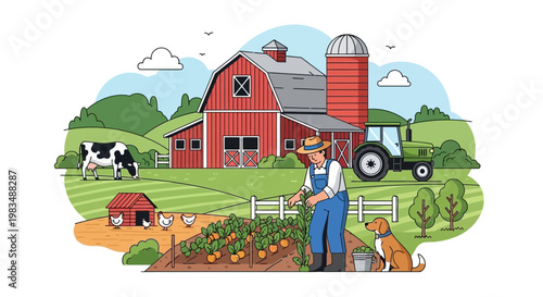 Farm life illustration: Farmer tending crops, red barn, tractor, cow, chickens, dog, rural landscape