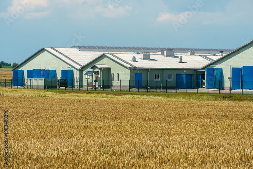 The facade of a modern cow farm building. An agro-industrial complex surrounded by a green field. Natural animal husbandry.
