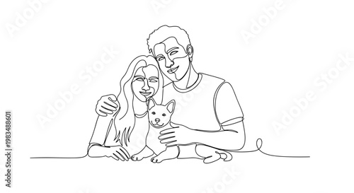 Couple with dog smiling on minimal background
