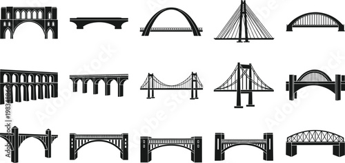 Bridge architecture collection featuring various structural designs including arch suspension beam and modern city bridges isolated on white background flat vector set
