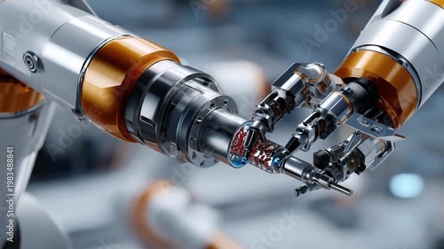 Robotic Precision: An intricate interplay of robotic arms meticulously handle electronic components, showcasing advanced automation in manufacturing. 