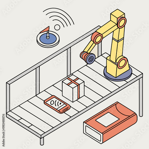 Smart logistics and io t concept with robotic arm conveyor belt and delivery drone via wi fi logistics conveyor connection technology isometric delivery warehouse automation industrial