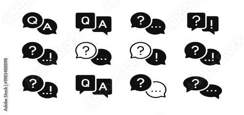 Question and answer icon set. Chat, speak bubble, Q and A, ask, support, dialog, help center symbol on white background