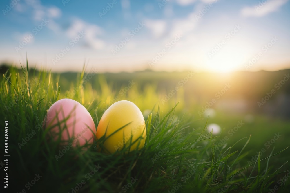 Fototapeta premium Two colorful easter eggs, one pink and one yellow, are nestled beautifully in vibrant green grass.