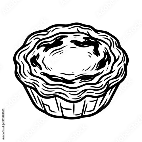 A black and white line art illustration of a Portuguese egg tart with a flaky crust and caramelized custard top.