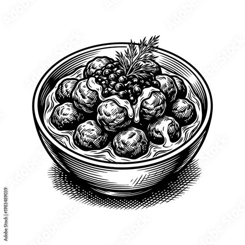 A hand-drawn black and white engraving illustration of a bowl of Swedish meatballs with creamy gravy, lingonberries, and dill garnish.