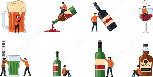 Alcohol beverage collection featuring beer wine and whiskey with people interacting pouring drinking and serving isolated on white background flat vector illustration set