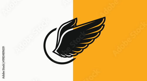 A minimalist graphic design featuring a stylized black wing emerging from a circular arc shape.