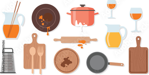 Kitchen cooking utensils and food preparation collection featuring pots pans cutting boards wine glasses and tools isolated on white background flat vector set