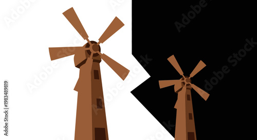 Simple illustration of two brown windmills.