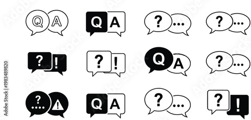 Question and answer icon set. Chat, speak bubble, Q and A, ask, support, dialog, help center symbol on white background