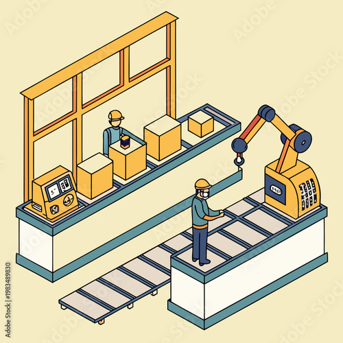 Isometric industrial factory production line with robotic arm and human workers assembling cardboard boxes for distribution manufacturing assembly conveyor automation industrial warehouse